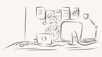 graphic designer working on a computer line art illustration