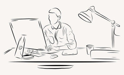 graphic designer working on a computer line art illustration