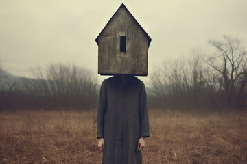 Surreal illustration, faceless woman with a house instead of a head - obrazy, fototapety, plakaty
