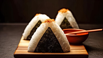 Japanese rice balls or onigiri on a wooden plate with chopsticks on a black background. Close-up photography. Generative AI