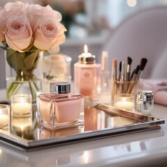 Make-up products, close-up photo of cosmetics on the table, pink tones. Generative AI