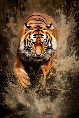 fluidity and unpredictability of watercolors by creating a dynamic and energetic tiger print. bold brushstrokes and splashes of color to depict the tiger movement and power