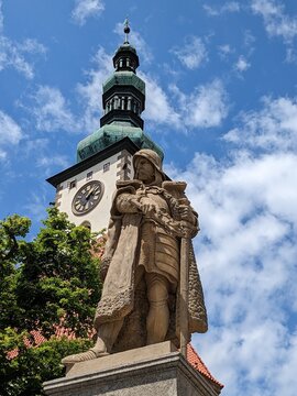 Tabor historical city center with old town square in south Bohemia.Jan Zizka statue of warrior,Czech republic Europe,panorama landscape view