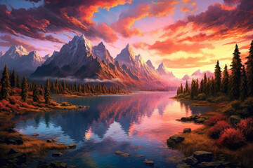 breathtaking panoramic view of a serene mountain landscape at sunset, with vibrant hues painting the sky and a peaceful lake reflecting the stunning scenery