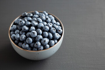 Organic Blueberries in a Bowl, side view. Copy space.