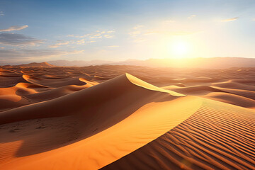 Fototapeta na wymiar stunning panoramic shot of a vast desert landscape, with rolling sand dunes as far as the eye can see, bathed in the golden light of the setting sun, and a clear blue sky overhead