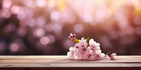 blossoming sakura cherry tree background with empty wooden table for product display, spring nature blurred background, copy space