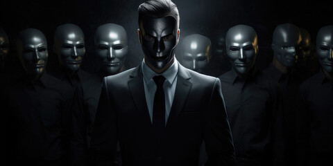 A man in a suit wearing black mask. Hiding his true identity, intentions, or actions. The sense of manipulation. A powerful representation of dishonesty and deception - obrazy, fototapety, plakaty