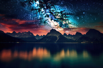 mesmerizing panoramic shot of a starry night sky, with the Milky Way galaxy stretching across the horizon, illuminating the silhouettes of towering mountains