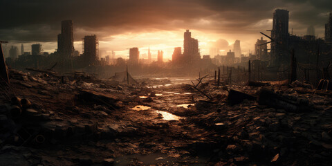 A post - apocalyptic ruined city. Destroyed buildings