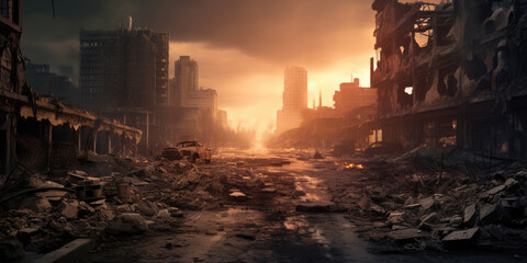 A post - apocalyptic ruined city. Destroyed buildings