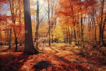 Fototapeta premium panoramic view of a vibrant autumn forest, with trees adorned in a stunning display of red, orange, and gold leaves, creating a captivating scene of nature's beauty