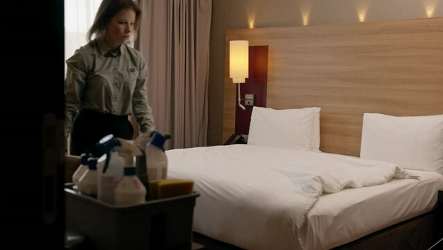 cleaning products are on the table in the hotel room before cleaning the concept of cleanliness and hospitality