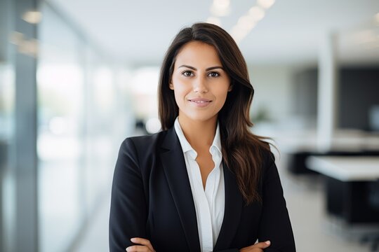 Hispanic Smiling Charming Successful Confident Arabian Businesswoman Worker Lady Boss Wearing Formal Suit Female Leader Girl Business Woman Employer Posing Crossed Hands Office Corporate Portrait