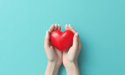 Female hands holding a red heart on a turquoise background ai generated