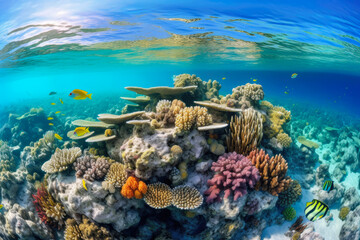 Naklejka na ściany i meble panoramic shot of a vibrant coral reef in crystal-clear turquoise waters, teeming with colorful fish, intricate coral formations, and a sense of underwater tranquility