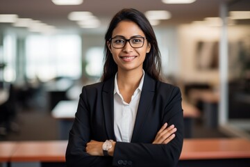 Indian successful confident Arabian businesswoman worker lady boss in glasses and formal suit female leader girl business woman intern employer posing crossed hands company office corporate portrait - obrazy, fototapety, plakaty