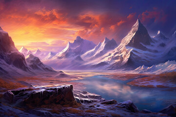 awe-inspiring panoramic view of a snow-covered mountain range, with jagged peaks piercing the sky, frozen lakes nestled in the valleys, and a pristine winter landscape as far
