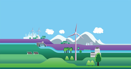 Landscape with wind turbines, solar panels, hydropower dam. Green energy facilities with houses and city. Green energy concept, flat design vector graphic illustration for web sites, advertising. - obrazy, fototapety, plakaty