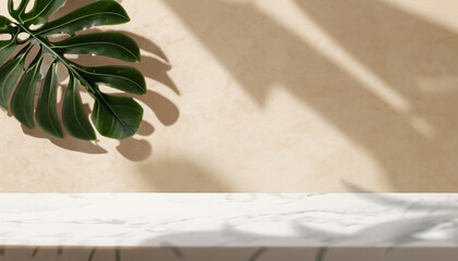 minimal white marble table top with monstera leaf for beauty product display © Shawon