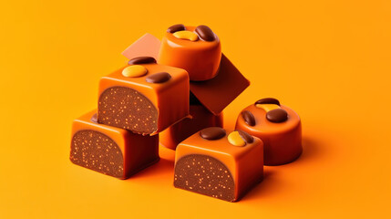 Close up of homemade orange chocolate bonbon slice. Generative ai