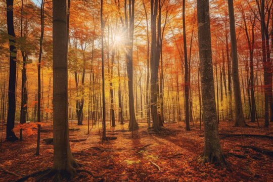 panoramic shot of a vibrant autumnal forest, with trees ablaze in shades of red, orange, and yellow, creating a mesmerizing display of fall foliage and a sense of warmth
