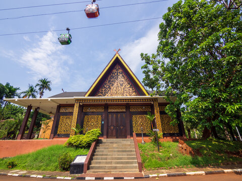 Jakarta, Indonesia (July 8, 2023): The Jambi traditional house is located on the Jambi pavilion in Taman Mini Indonesia Indah.
