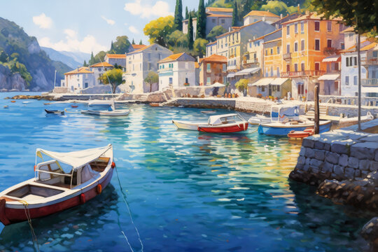 panoramic view of a picturesque coastal village, with colorful houses lining the shore, fishing boats bobbing in the harbor, and a panoramic backdrop of the sparkling sea