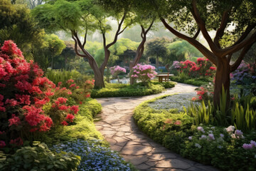 Fototapeta na wymiar panoramic view of a tranquil garden, with vibrant blooming flowers, winding pathways, and lush greenery, creating a peaceful and harmonious oasis of natural beauty