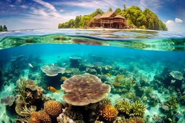 breathtaking panoramic view of a vibrant coral reef teeming with colorful marine life, with coral formations, tropical fish, and crystal-clear turquoise waters