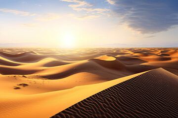 Fototapeta na wymiar stunning panoramic shot of a vast desert landscape, with undulating sand dunes stretching towards the horizon, bathed in warm sunlight, and an endless expanse of natural beauty