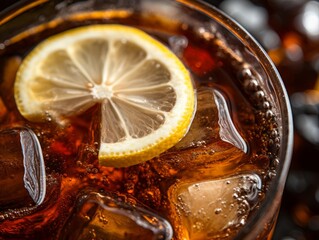 closeup photo of a fresh cold cola soda drink in a glass with a lemon slice and ice cubes background. Generative AI