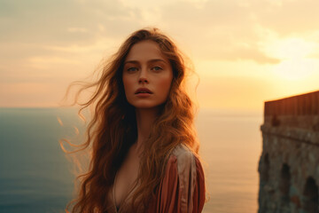 Fototapeta premium illustration of a woman/book character in formal clothes overlooking the coastline during sunset looking lost/sad/thoughtful reminding of Scottish landscapes