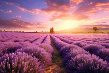 mesmerizing panoramic shot of a vast lavender field in full bloom, with rows of purple flowers stretching to the horizon, creating a sea of fragrant beauty and a sight to behold