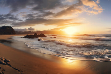 panoramic view of a serene beach at sunrise, with soft golden light painting the sky, gentle waves lapping at the shore, and a sense of calm