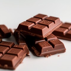 pieces of chocolate bars in the center, white background. Generative AI.