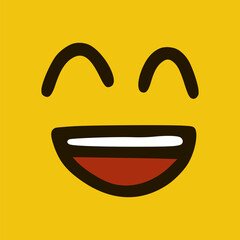 Laughing emoticon in doodle style yellow background. Vector Illustration