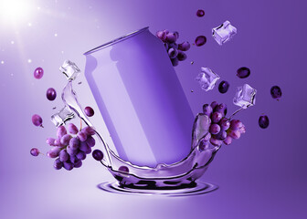Dynamic Mockup Template Render of Soda Drink Can Advertisement Splashing in the Cool Brisk Water (Grape Flavor)