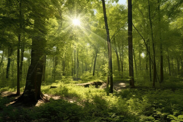 Fototapeta na wymiar panoramic view of a tranquil forest glade, with sunlight filtering through the canopy, lush vegetation, and a sense of serenity that invites quiet contemplation