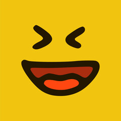 Laughing emoticon in doodle style yellow background. Vector Illustration