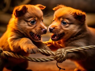 The photograph depicts a playful scene of mischievous puppy babies engaging in a friendly game of tug-of-war.