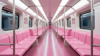 Empty pink subway car. Separate subway train car for women. Ladies only. Generative AI