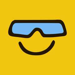 Cool emoticon with glasses in doodle style yellow background. Vector Illustration