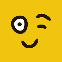 Winking emoticon in doodle style yellow background. Vector Illustration