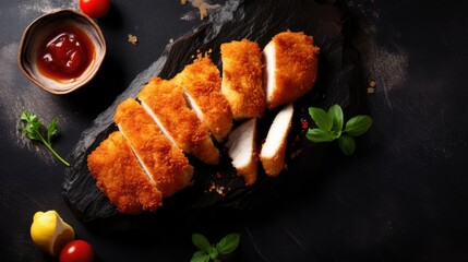 Chicken katsu crispy fried pork cutlet with rice and vegetables on a wooden table