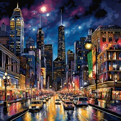 Obraz premium Busy city at night with lots of people rushing around