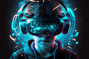 Young boy wearing VR virtual reality headset. Neon lights and lines. Futuristic technological theme. Neon lghts. Generative AI