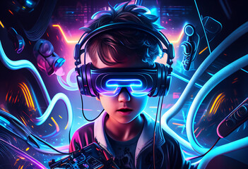 Young boy wearing VR virtual reality headset. Neon lights and lines. Futuristic technological theme. Neon lghts. Generative AI