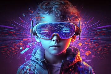 Young boy wearing VR virtual reality headset. Neon lights and lines. Futuristic technological theme. Neon lghts. Generative AI