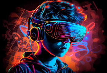 Young boy wearing VR virtual reality headset. Neon lights and lines. Futuristic technological theme. Neon lghts. Generative AI